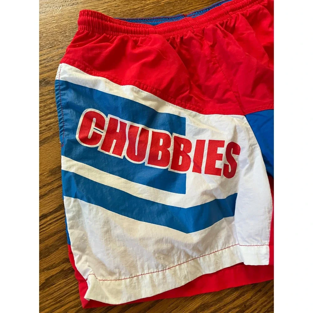 Chubbies Mens Swim Trunks Red White Blue Colorblock Logo Shorts Size L